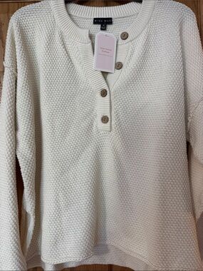 Miou Mus Cream Waffle-Knit Henley Crew Top  Sweater